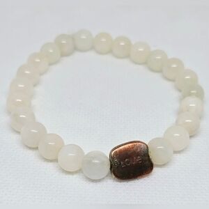 White Quartz Beaded Stretch Bracelet w/ Copper-Tone “Love” Charm – 8mm